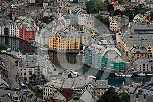 Overlooking the colorful houses of city Alesund in Norway