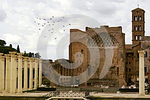 Overlooking the Roman Forum and the Colosseum and the Temple of Venus in Rome, Itlay.