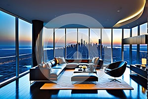 Overlooking a Sprawling Metropolis, a High-Rise Apartment with Floor-to-Ceiling Windows Captures the Urban Majesty