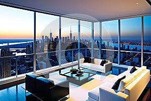 Overlooking a Sprawling Metropolis, a High-Rise Apartment with Floor-to-Ceiling Windows Captures the Urban Majesty