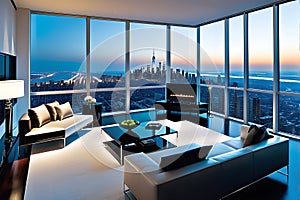 Overlooking a Sprawling Metropolis, a High-Rise Apartment with Floor-to-Ceiling Windows Captures the Urban Majesty