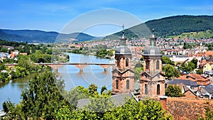 Overlooking the town of Miltenberg, Bavaria, Germany with old bridge and church spires