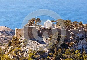 Overlooking Venetian Castle at Monolithos built in 1480 by the Knights of Saint John, Rhodes Greece Europe