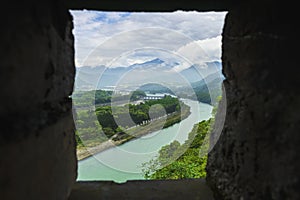 Overlooking water conservancy of dujiangyan through battlement