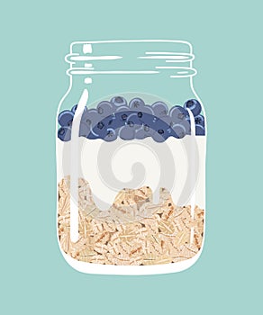Overnight oats with blueberries and yogurt in glass mason jar. Vector hand drawn illustration.