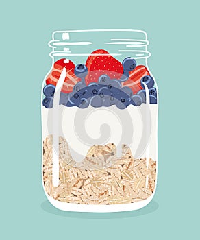 Overnight oats with strawberries, blueberries and yogurt in glass mason jar. Vector hand drawn illustration.