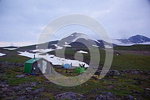 Overnight in tents while hiking on the volcanoes of Kamchatka