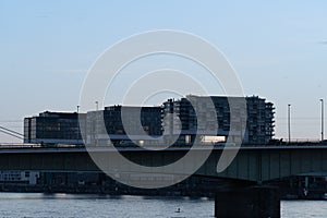 an overpass with the bridge crossing in the background with buildings and some birds flying