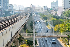 Overpass with railway tracks of the metro line along the city highway and one overpass in the city