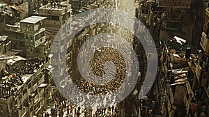 Overpopulated world. Huge crowd of people. Humans suffer from pollution. Ecological disaster concept. AI-generated. photo