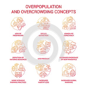 Overpopulation and overcrowding red gradient concept icons set photo