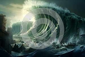Overpowering Tsunami wave. Generate Ai