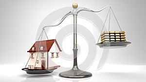 Small cartoon like house on a scale against stack of gold bars, light gray background photo