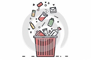 Overproduction concept - product icons falling in trash bin