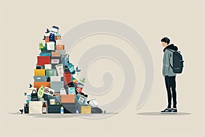 Overproduction concept - simple figure standing by a large pile of products