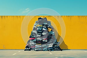 Overproduction and fast fashion concept - high pile of clothes in front of yellow wall