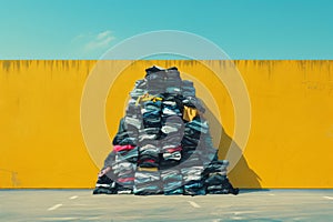 Overproduction and fast fashion concept - high pile of clothes in front of yellow wall photo