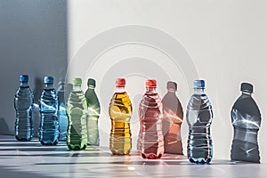 Overproduction and recycling concept - colorful water bottles on neutral background, direct light