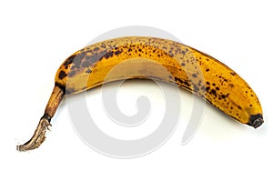 Overripe banana isolated on white background, rotten fuit