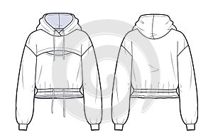 Crop Hoodie sweat with long sleeves techical drawing template. Girl\'s cropped Sweatshirt fashion flat sketch template. photo