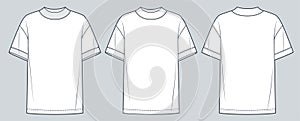 Oversize Tee Shirt fashion flat tehnical drawing template. Unisex T-Shirt technical fashion illustration, front and back view,