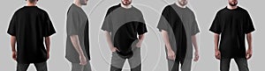 Oversized black t-shirt template on brutal man in jeans, front, side, back view, shirt isolated on background. Set