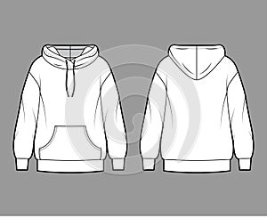 Oversized cotton-fleece hoodie technical fashion illustration with pocket, relaxed fit, long sleeves. Flat jumper