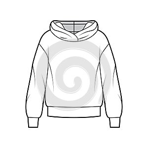 Oversized cotton-fleece hoodie technical fashion illustration with relaxed fit, long sleeves. Flat outwear jumper