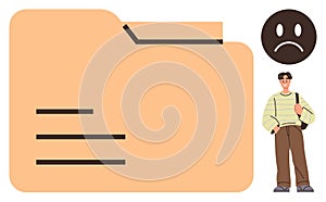 Large folder icon with sad face and worried individual representing missing or lost files