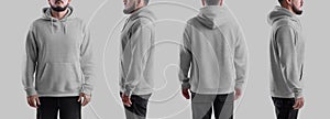 Oversized hoodie heahter template on bearded man, streetwear front, side, back view. Set