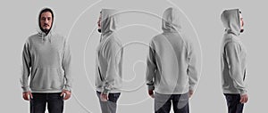 Oversized hoodie heahter template on brutal man in hood, isolated on background, front, side, back view. Set