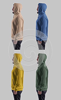 Oversized hoodie template with pocket, label for design, branding, hooded sweatshirt for a man with ties, side view, set