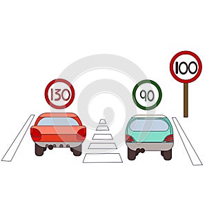 Overspeed of cars on white isolated background, vector automobile does not follow Road Sign in Cartoon design style, concept of