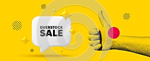 Overstock sale tag. Special offer price sign. Hand showing thumb up like. Vector