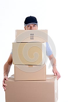 Overstrained postman with parcels