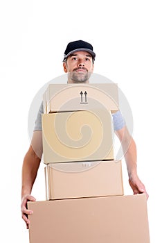 Overstrained postman with parcels