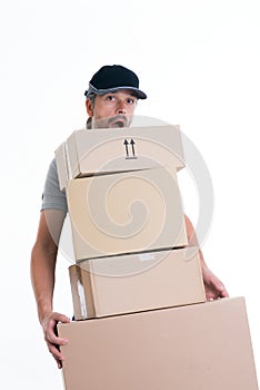 Overstrained postman with parcels