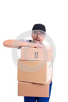 Overstrained postman with parcels