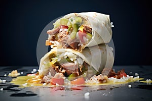 overstuffed burrito with rice spilling out, on a metal surface