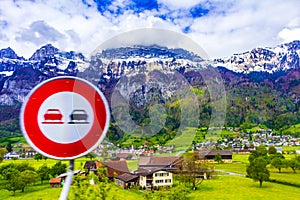 Overtaking prohibited sign mountain road St Gallen canton Switzerland
