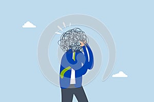 Overthinking, businessman overthinking mess head