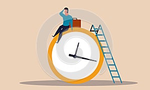 Overtime time hours work and employee hard night work online world. Character working and busy vector illustration concept.