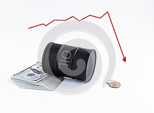 An overturned barrel of oil on dollars. diagram of falling oil prices in the form of a curve. global crisis