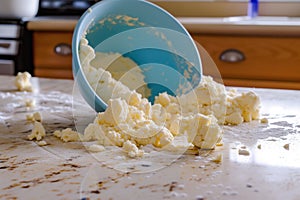 overturned bowl with batter on a messy countertop