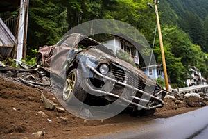 overturned car buried in mudslide aftermath