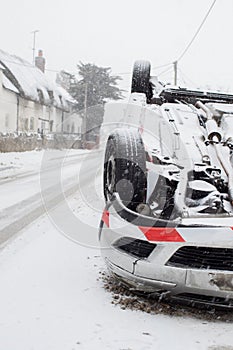 Overturned Car After Traffic Accident In Winter Snow