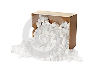 Overturned cardboard box with styrofoam cubes on white background