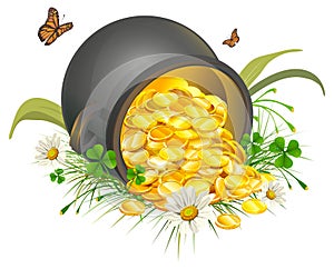 Overturned pot of gold coins. Cauldron of gold