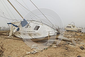 Overturned sailboat in wake of Hurricane Ivan