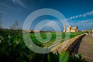 Overv iew of majestic and big Basilica of the National Shrine of the Blessed Virgin of Ta' Pinu on Gozo, Malta on a